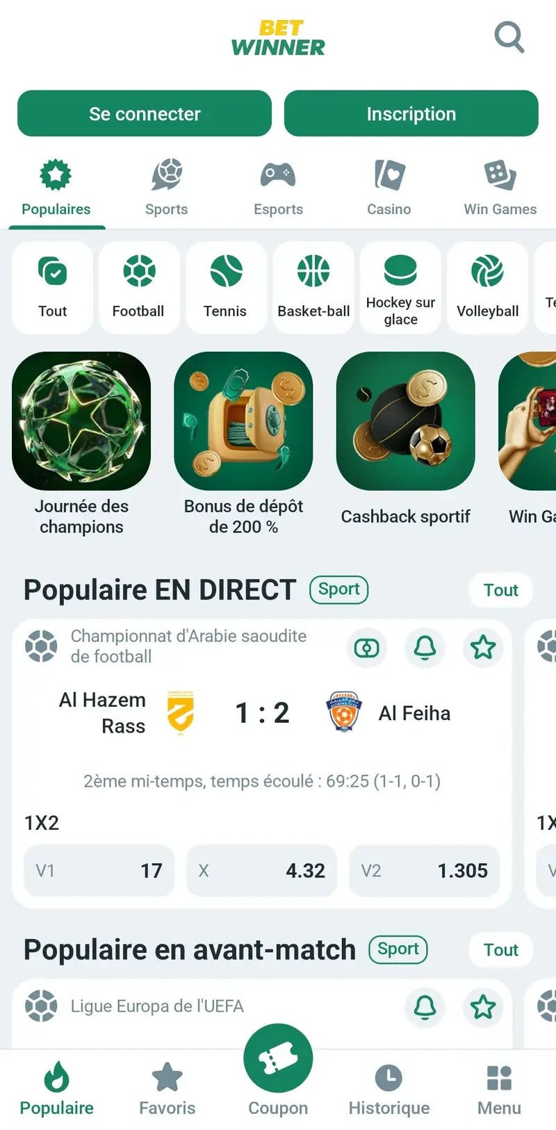 Accueil de l’application Betwinner : sports, matchs en direct et navigation vers le coupon