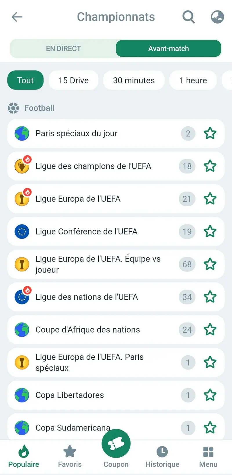 Application Betwinner : liste des championnats de football et onglets En direct et Avant-match