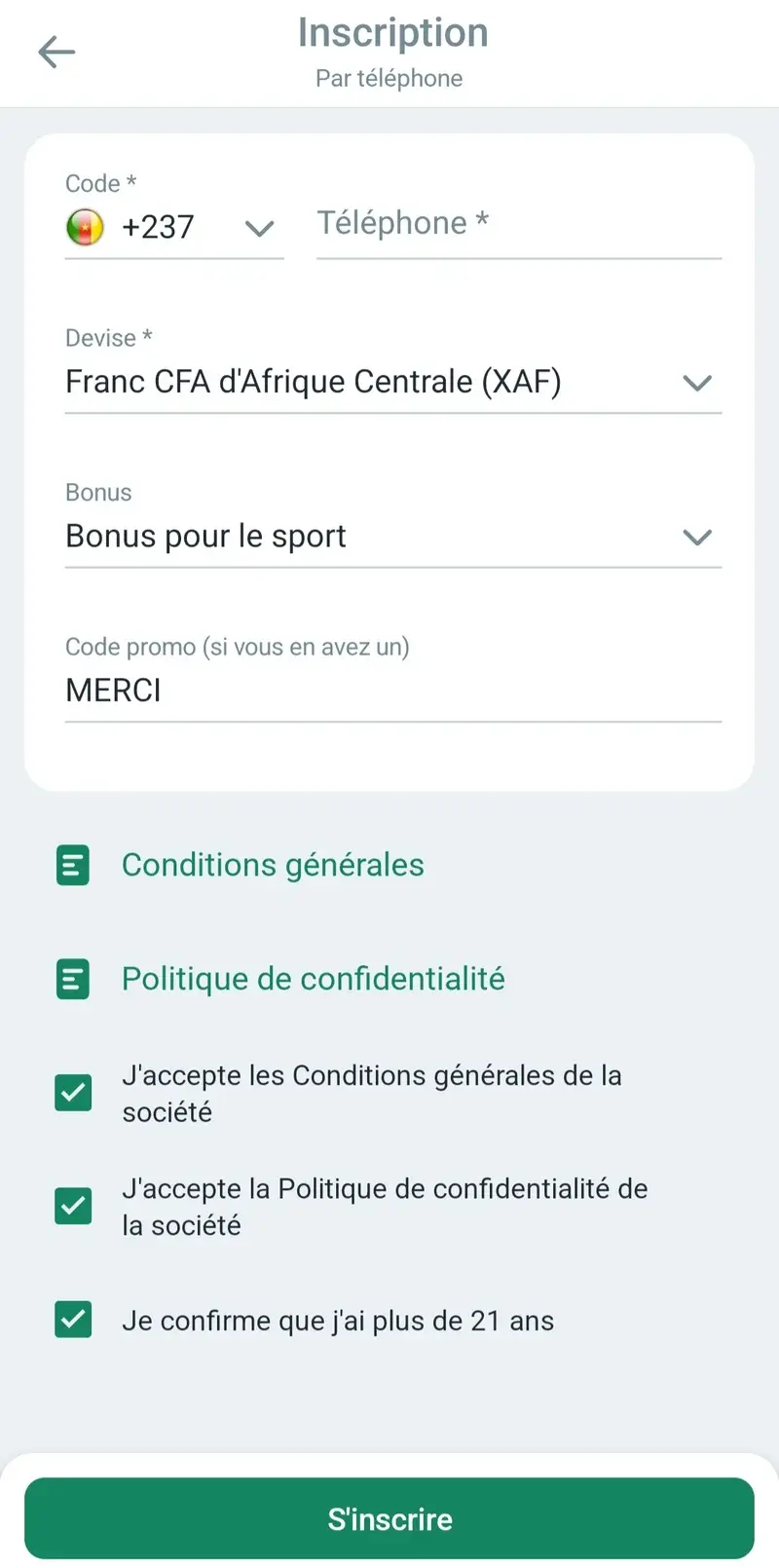 Inscription Betwinner sur mobile : téléphone, devise, choix du bonus et conditions du compte